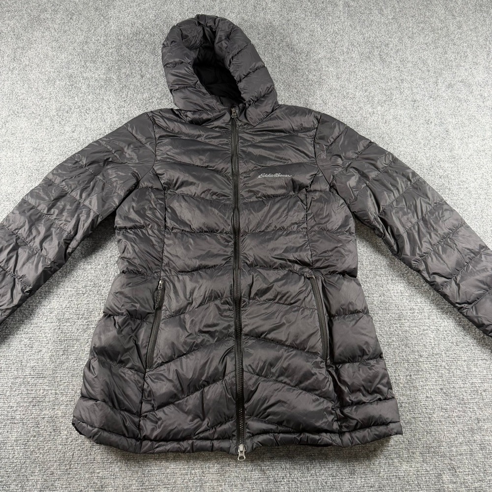 Eddie Bauer Down Parka Women L Black Chevron Hooded Puffer Jacket EB650 Coat